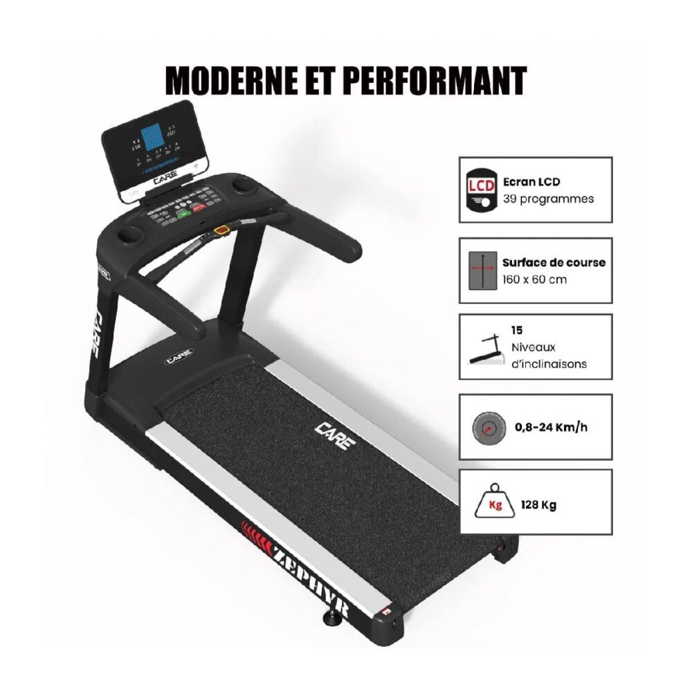 Tapis de Course CARE ZEPHYR - 24 km/h - Tapis motorisé - 39 programmes - Kinomap – Image 3