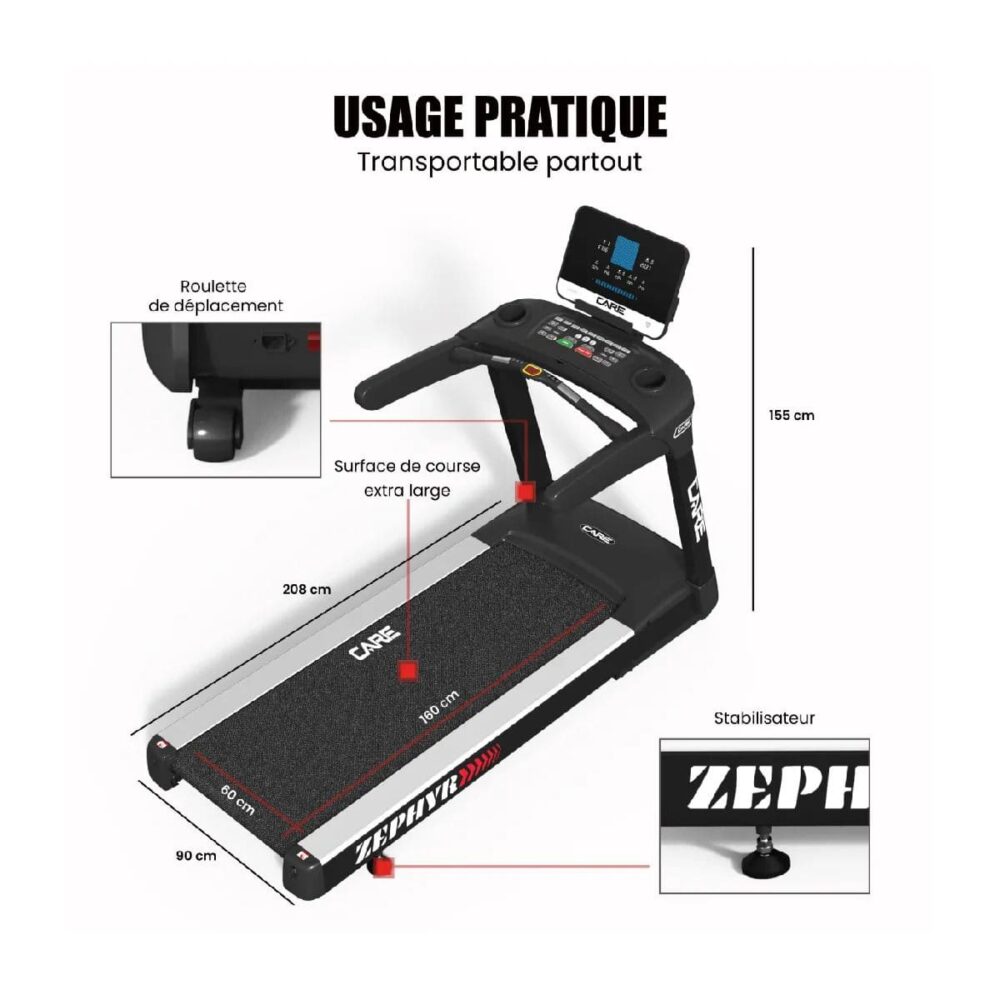 Tapis de Course CARE ZEPHYR - 24 km/h - Tapis motorisé - 39 programmes - Kinomap – Image 6