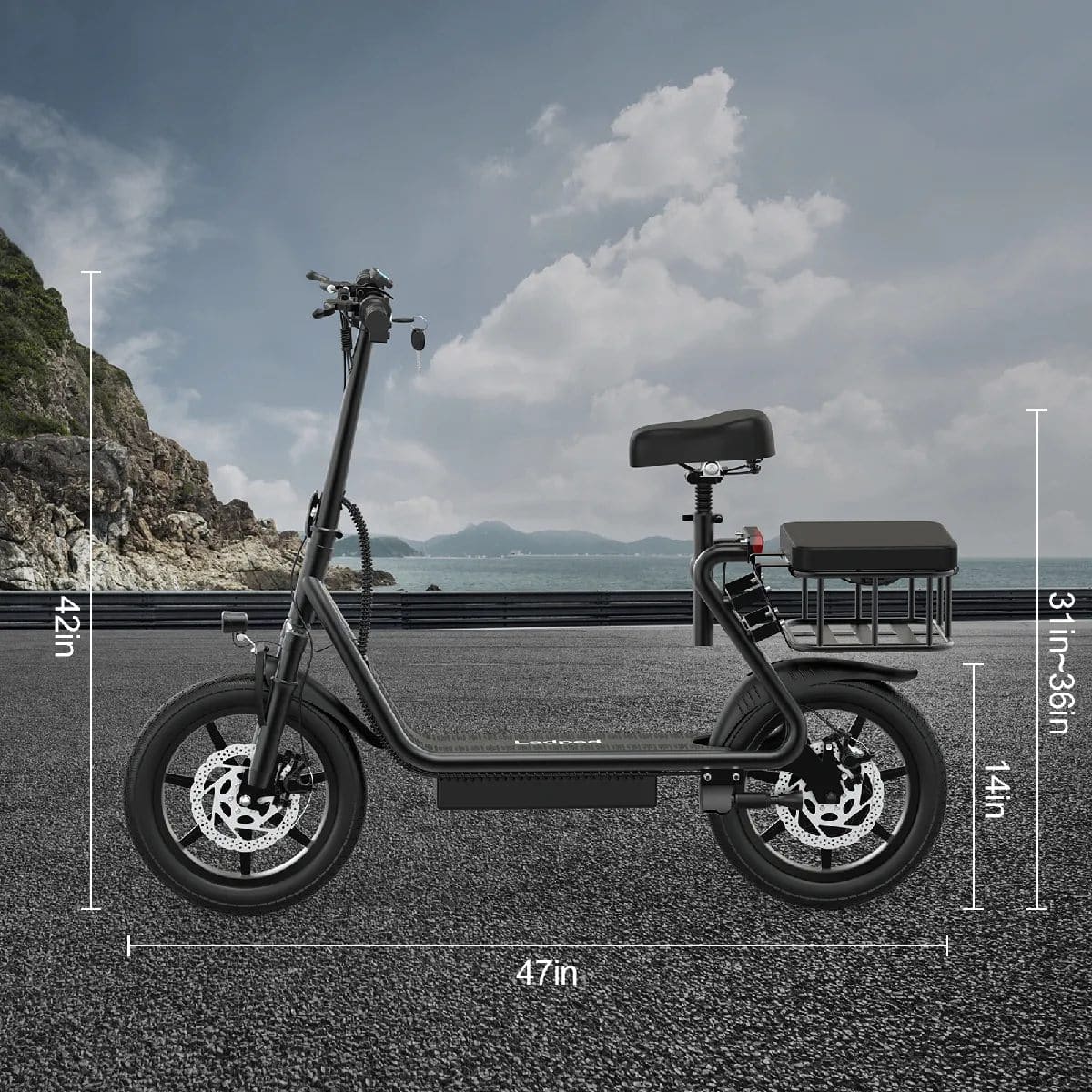 AOVOPRO Ladped Trottinette électrique LPBS Avec Siège et Panier 14 pouces- 500W - 10.4Ah - Noir – Image 6