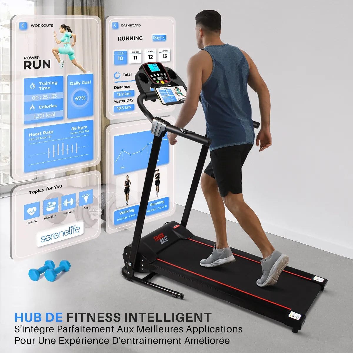 Serenelife - Tapis de course pliable - Moteur 1 HP - Jusqu'à 10 km/h - Bluetooth - Capteurs de pouls – Image 6