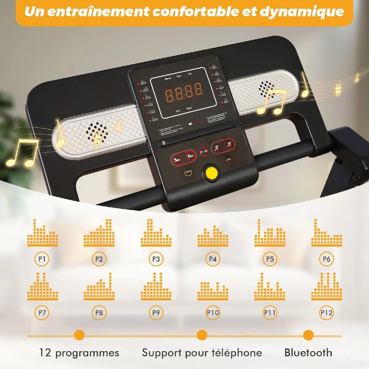 Y-RAIN - Tapis de Course Pliable 2.5HP, Vitesse 1-12 km/h, 12 Programmes d'Exercices, Bluetooth - Roues de Transport – Image 4