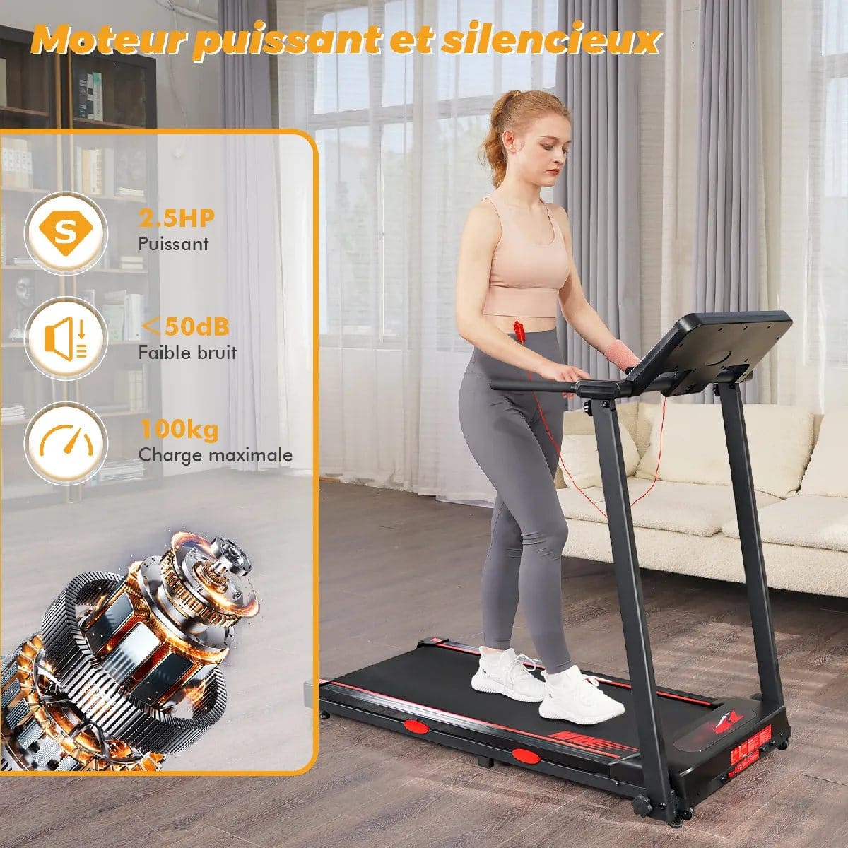 Y-RAIN - Tapis de Course Pliable 2.5HP, Vitesse 1-12 km/h, 12 Programmes d'Exercices, Bluetooth - Roues de Transport – Image 5