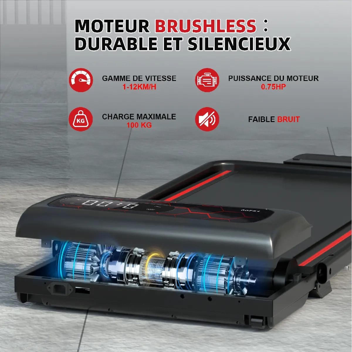 Y-RAIN - Tapis de Course Electrique Pliable 1 à 12km/h - Télécommande - Ecran LED - Inclinaison Manuelle 5% – Image 5