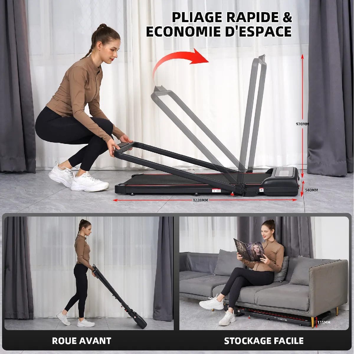 Y-RAIN - Tapis de Course Electrique Pliable 1 à 12km/h - Télécommande - Ecran LED - Inclinaison Manuelle 5% – Image 6